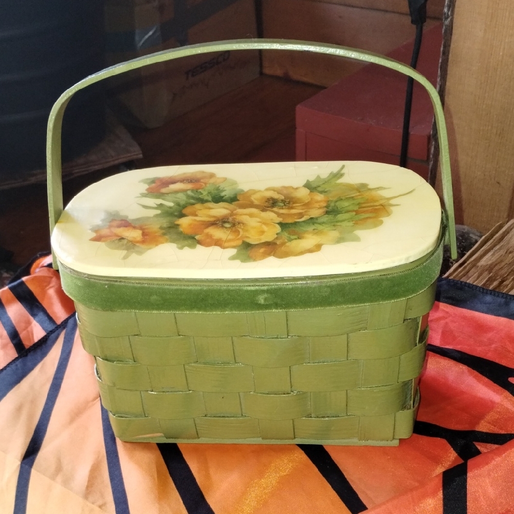 Green Floral Woven Basket